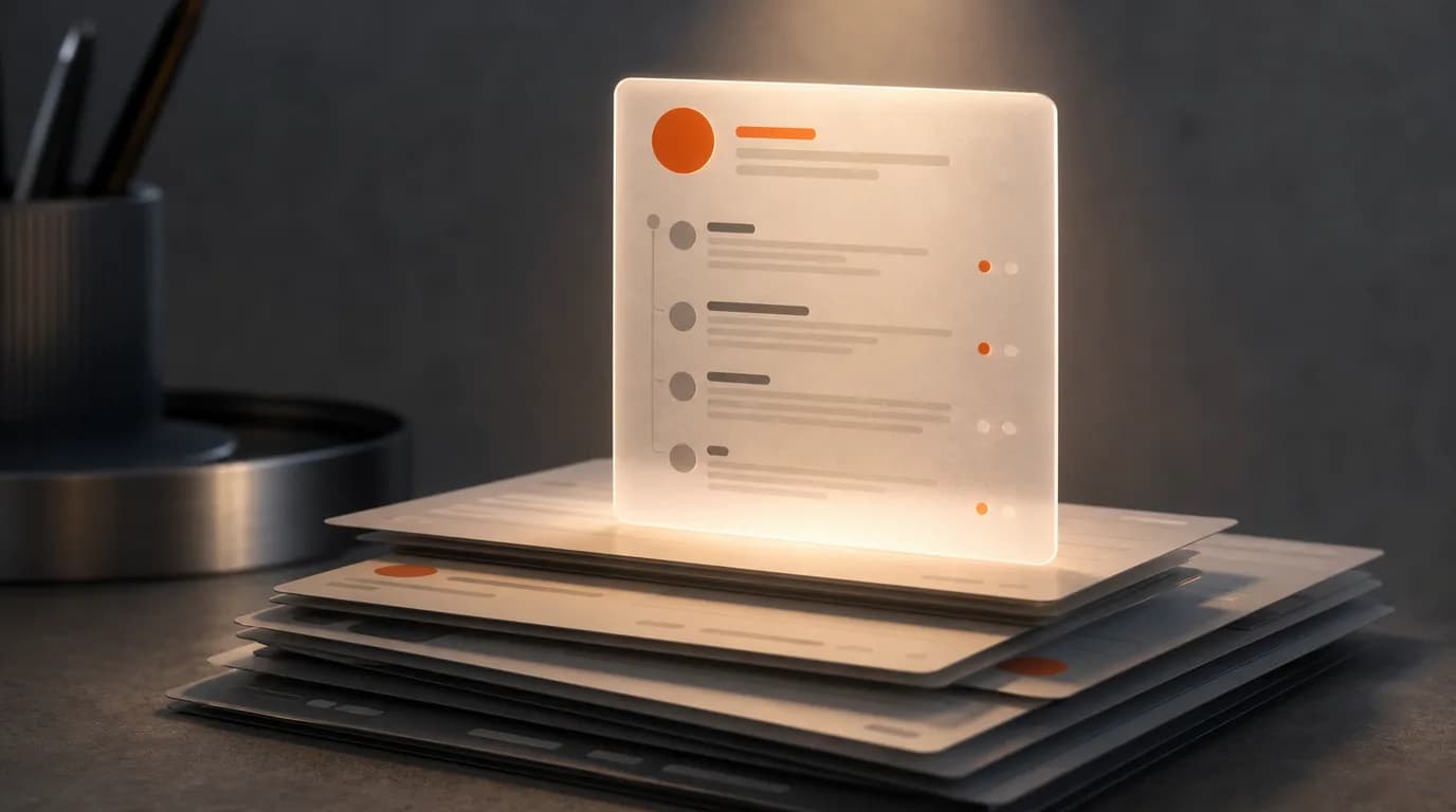 A tall translucent thread card lit from above rising over a stack of flatter cards on a warm desk in soft shadow.