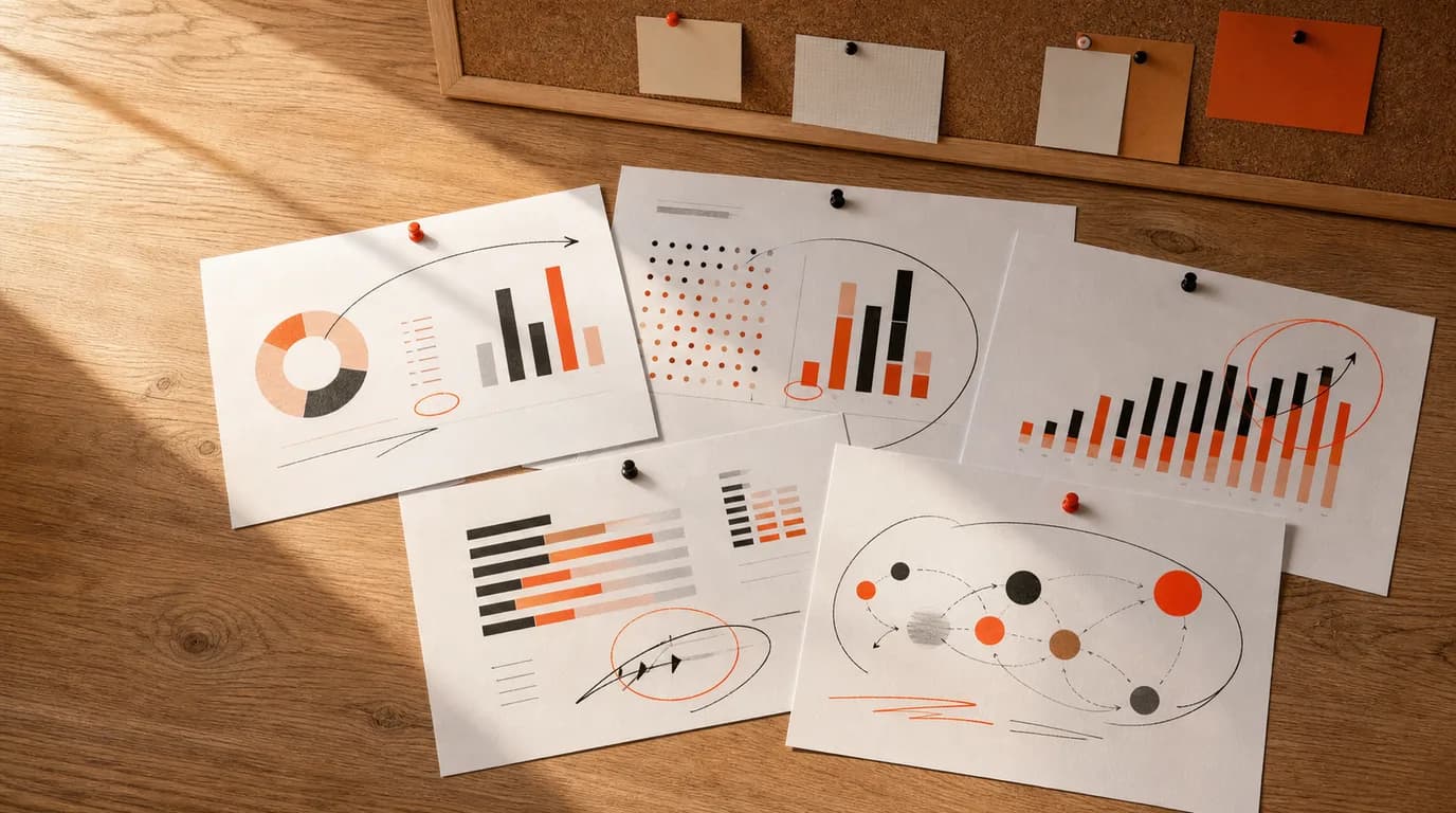 Overhead flat-lay of overlapping bar-chart print sheets on an oak desk, annotated with pen arcs and circled sections, beside a cork board with pinned rectangular notes in the background, lit by warm window light from the left.