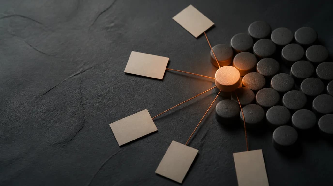 Overhead view of identical matte ceramic tokens on dark slate, one lifted token lit by a warm amber spotlight and connected by thin copper threads to small blank cards while the others stay in shadow.